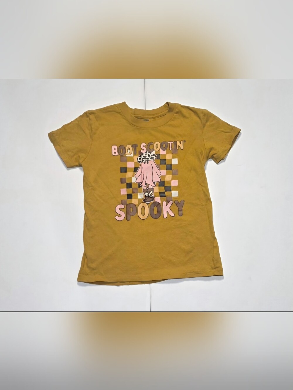 Kids "Boot Scootin' Spooky" Mustard Graphic T-Shirt Small